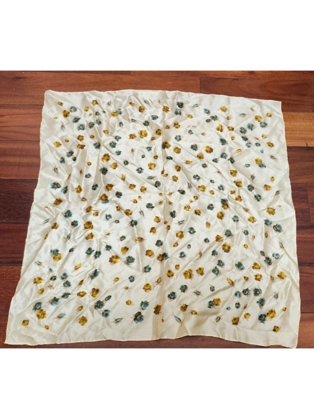 Vintage Floral Silk Scarf Square Cream Blue Yellow Rose Print Neck Hair Head 30' - Picture 2 of 7